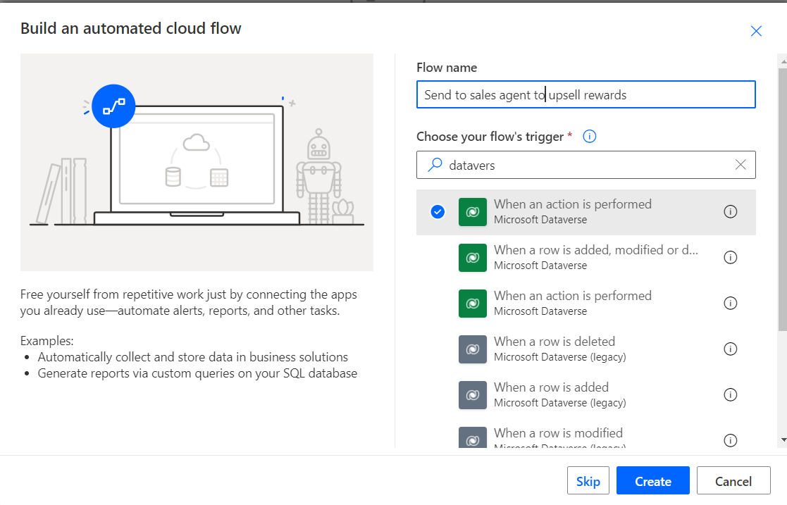 Screenshot of creating a new Power Automate flow.