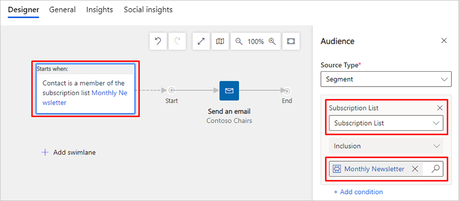 Set a segment tile to load a subscription list.