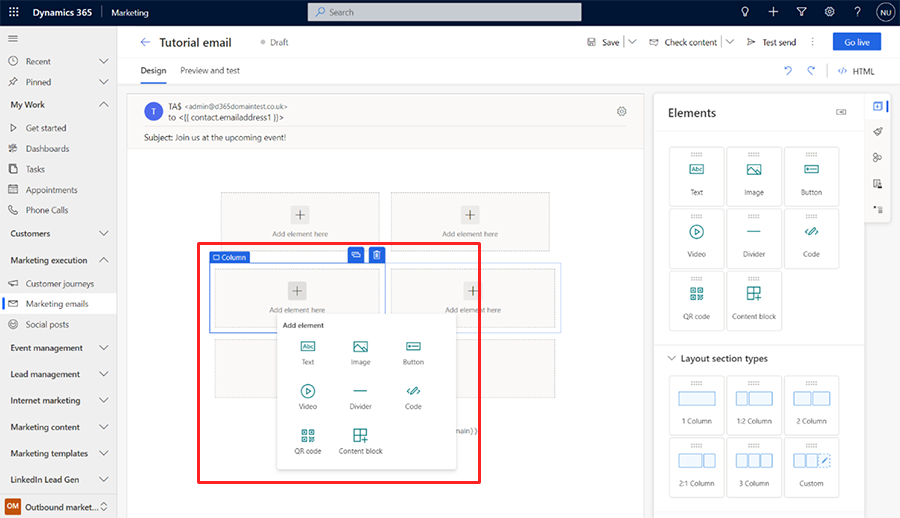 Add an element using the in-place menu.