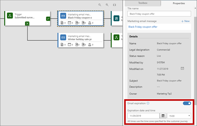 Journey email-tile expiration settings.