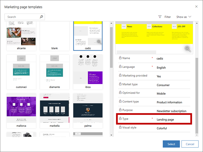 Select a page template dialog.