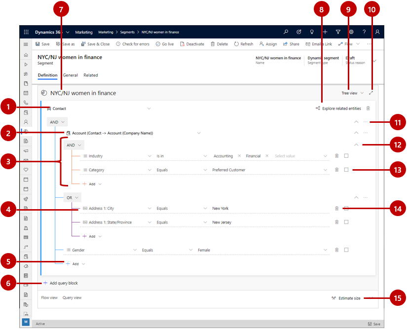 Segment designer UI elements for dynamic profile segments.