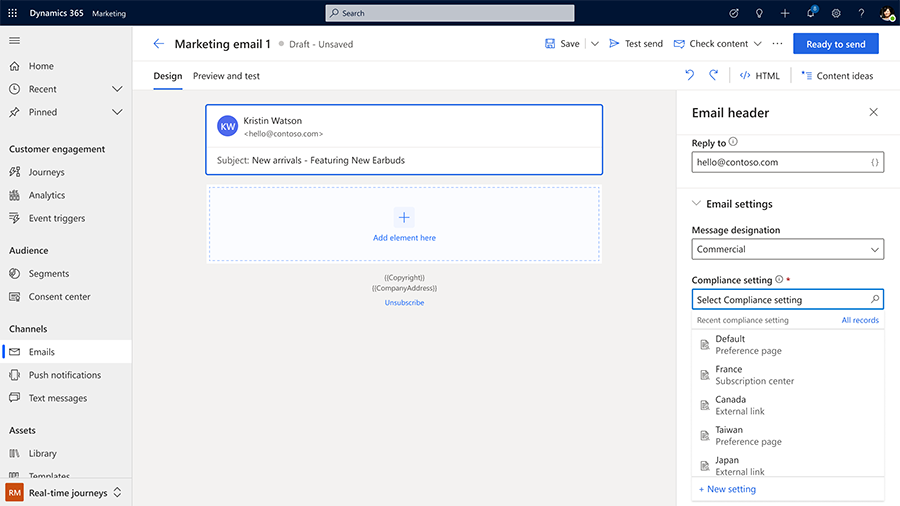 Screenshot of outbound subscription centers in Customer Insights - Journeys.