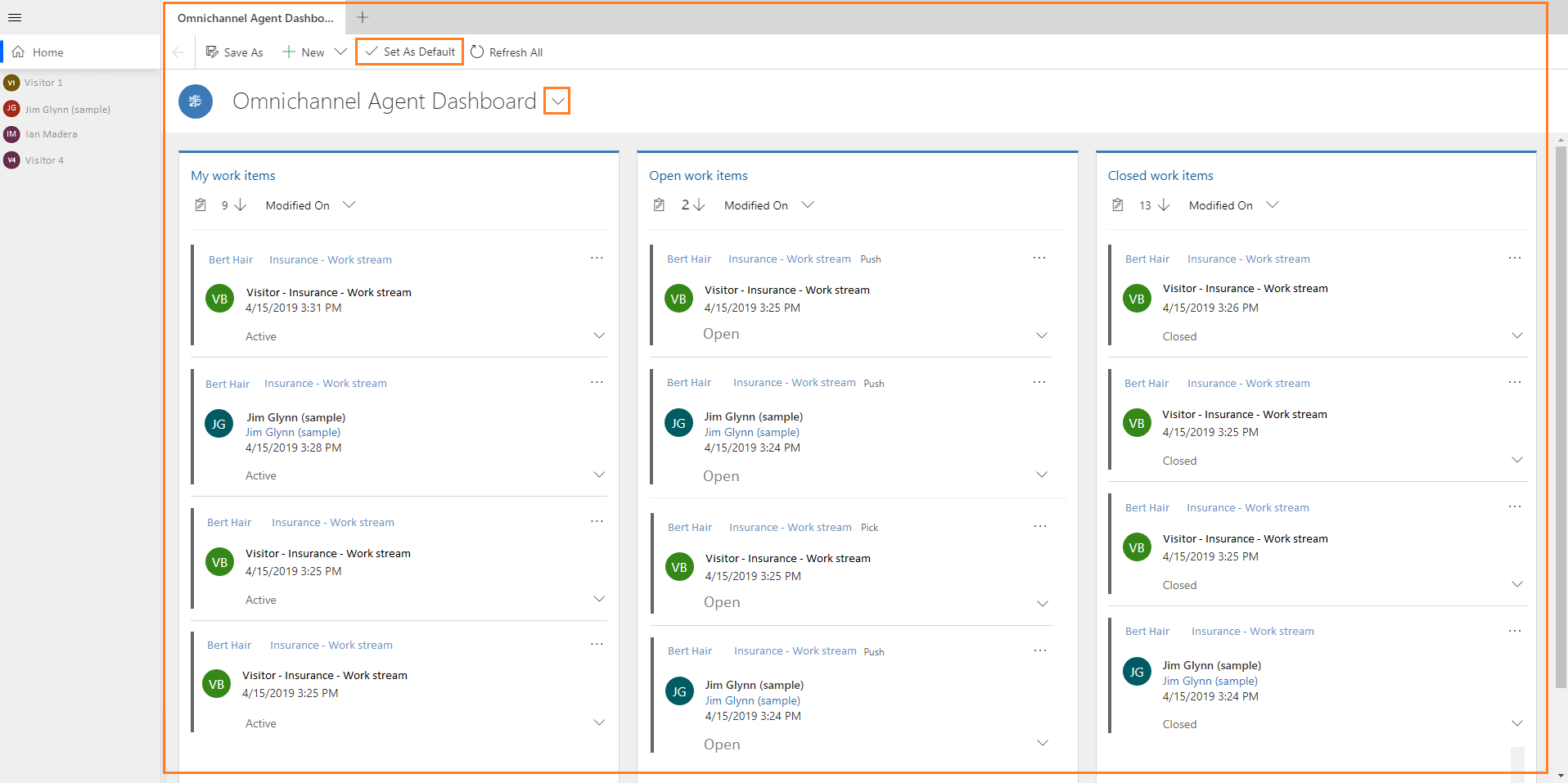 Omnichannel Agent Dashboard shows My work items, Open work items, and closed work items.