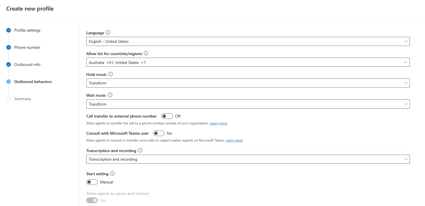 Outbound and inbound profiles for voice calls.