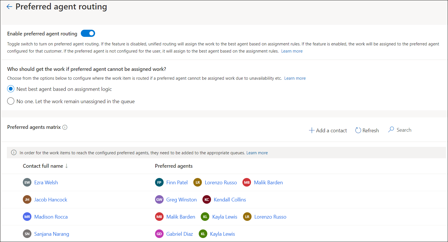 Screenshot of the Preferred agent routing settings page, showing contacts and their preferred agents.