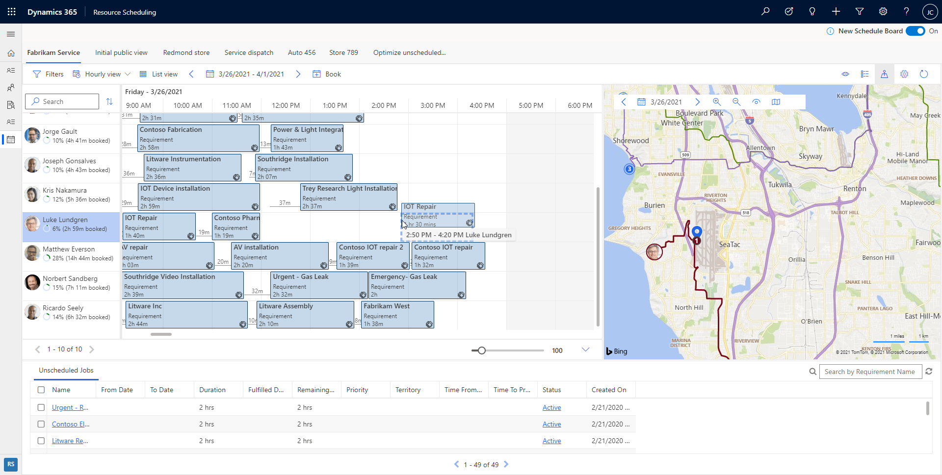 Screenshot of the schedule board, showing the dropping of the requirement pin.