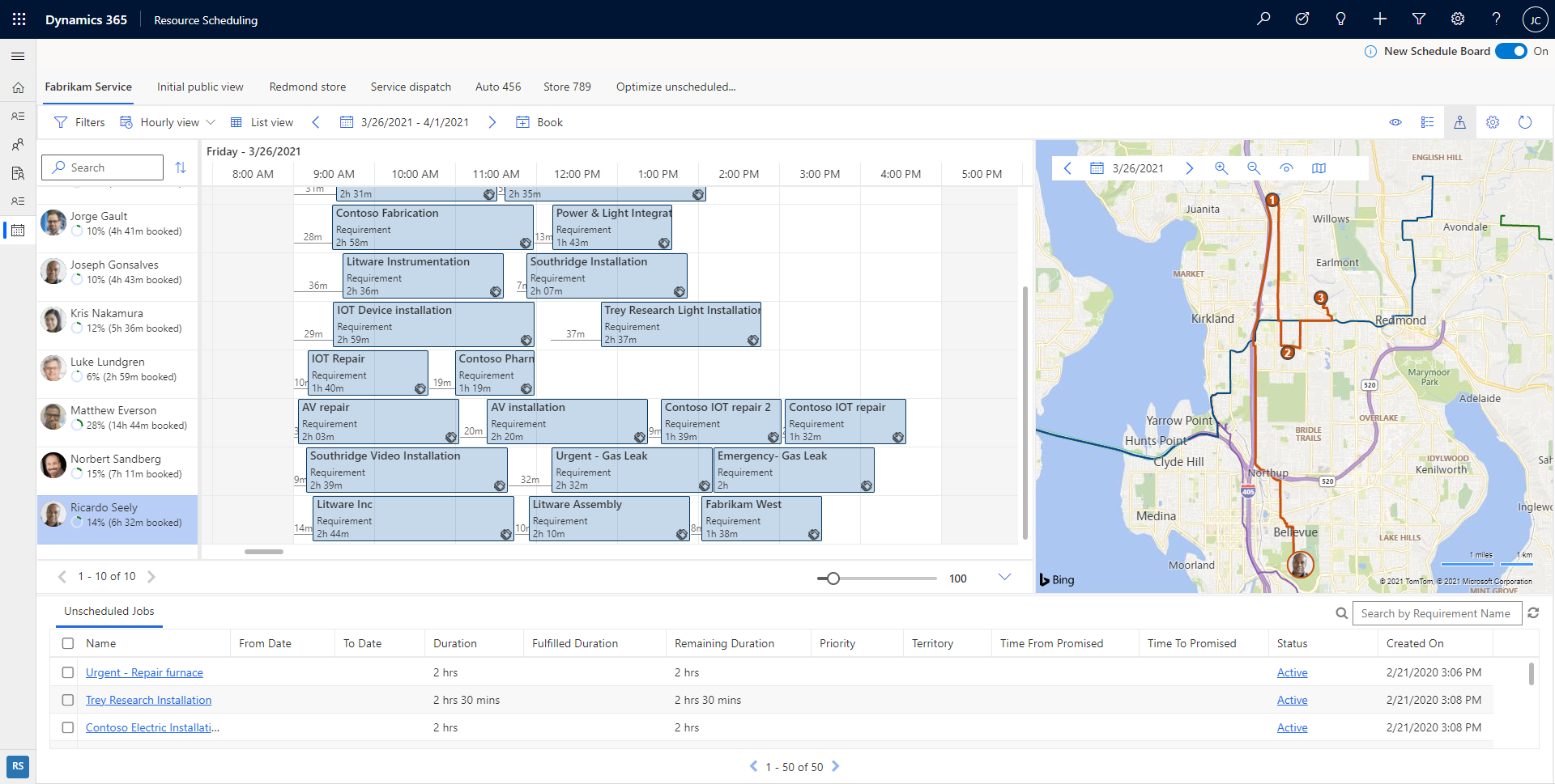 Screenshot of the schedule board showing the technician route.