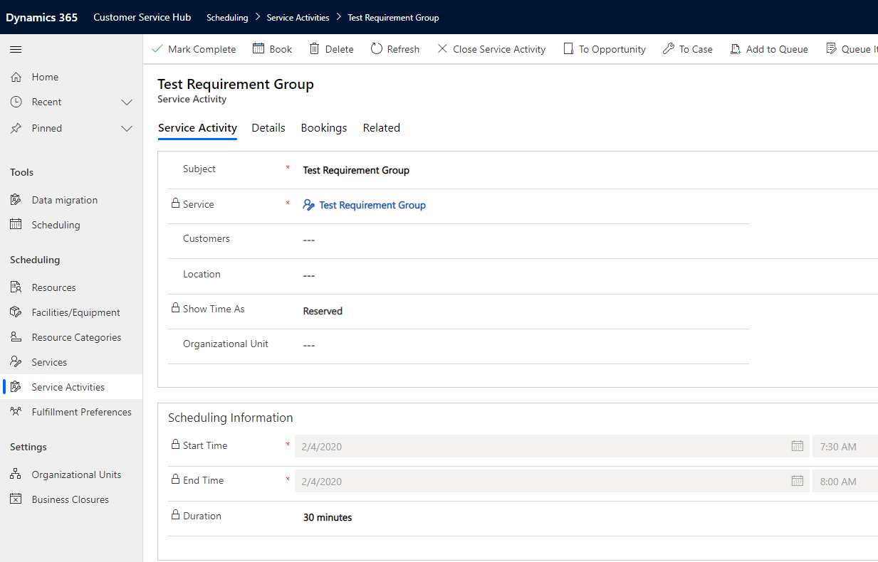 Service Activity configuration.