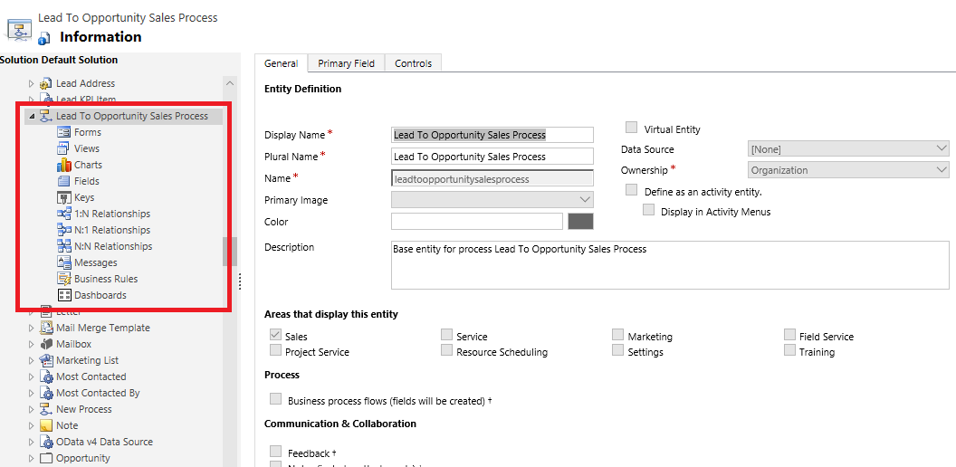 Solution Explorer with lead-to-opportunity process entity.