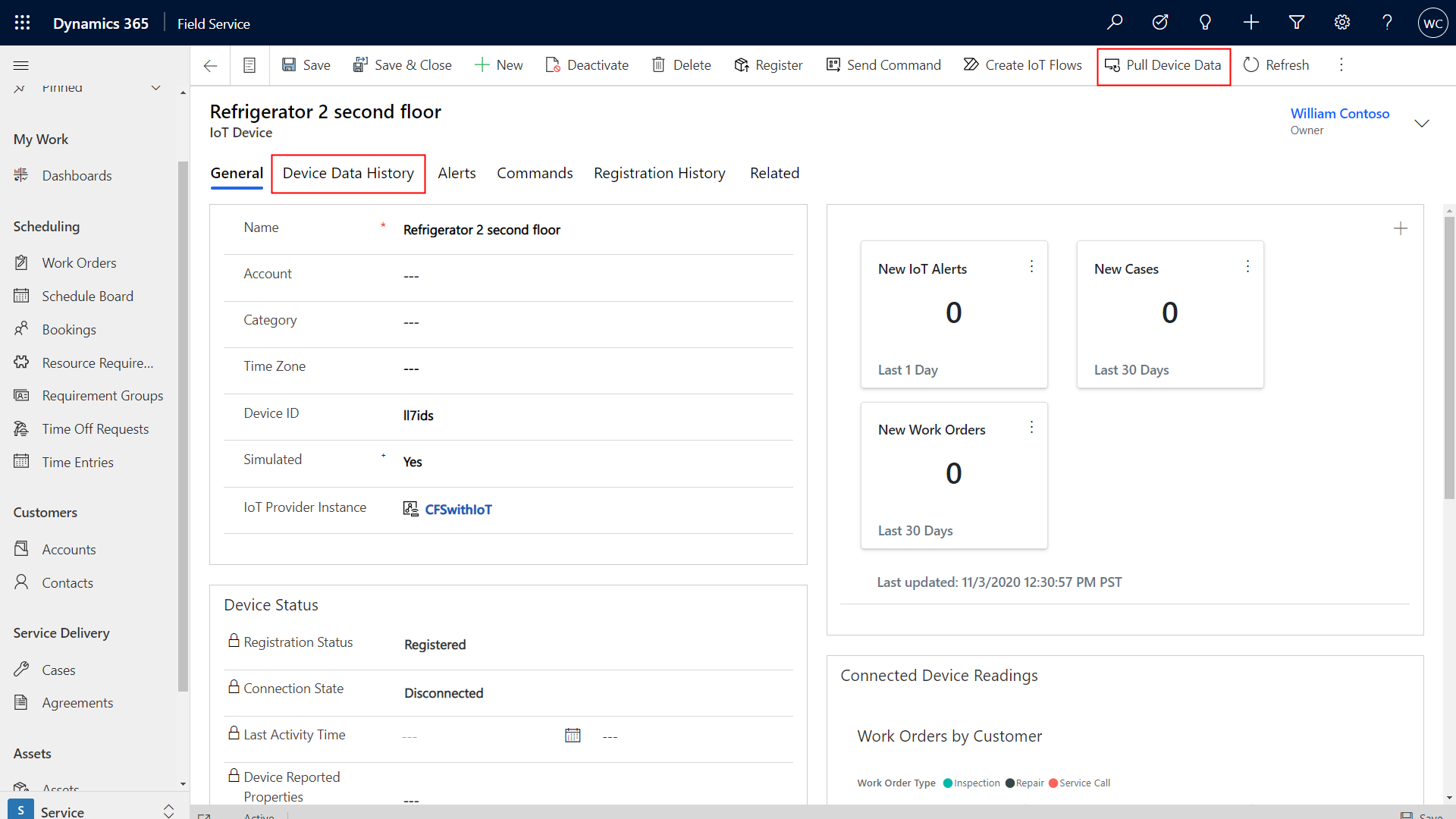 Screenshot of Field Service showing an IoT device, with attention to the Pull Device Data option.