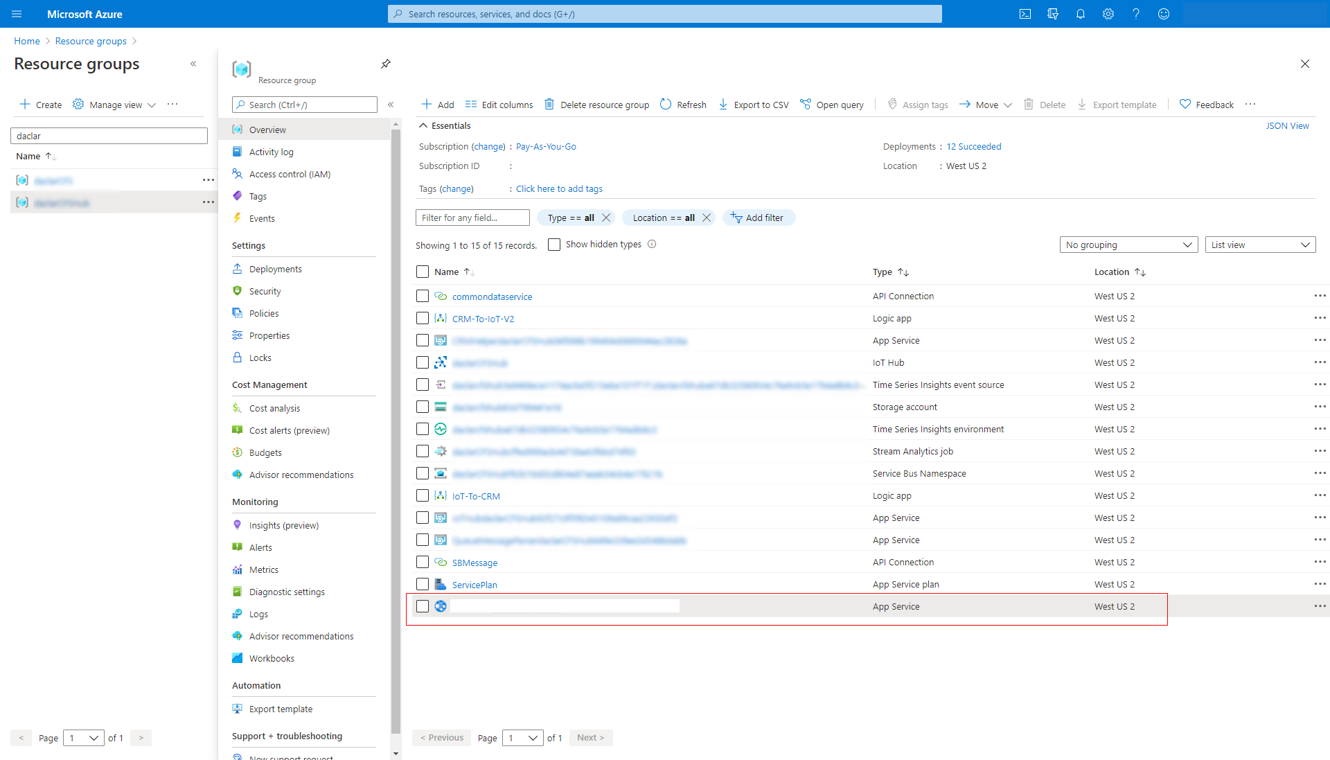 Screenshot of resource groups in Azure.