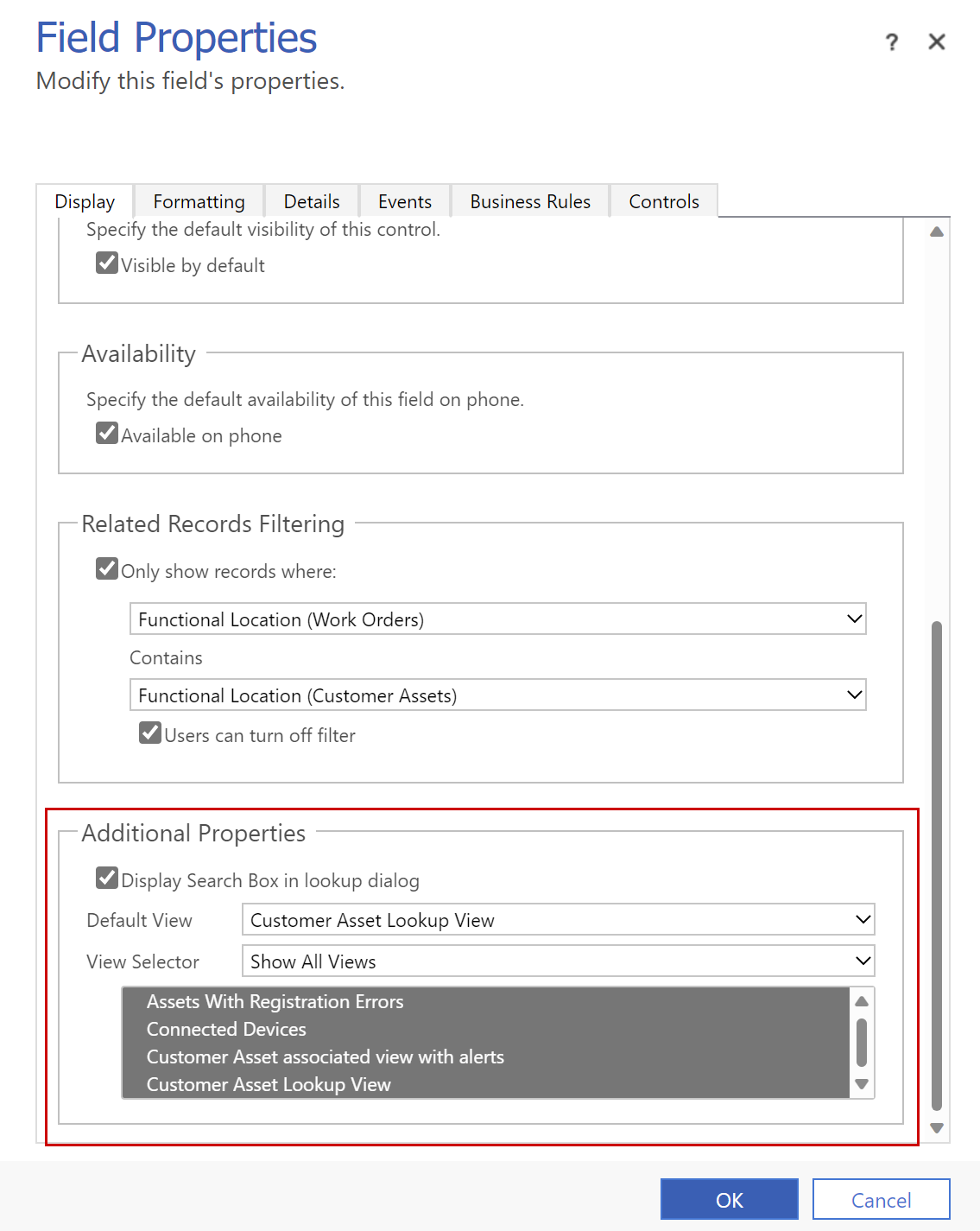 Screenshot of the Customer Asset Lookup View field properties.