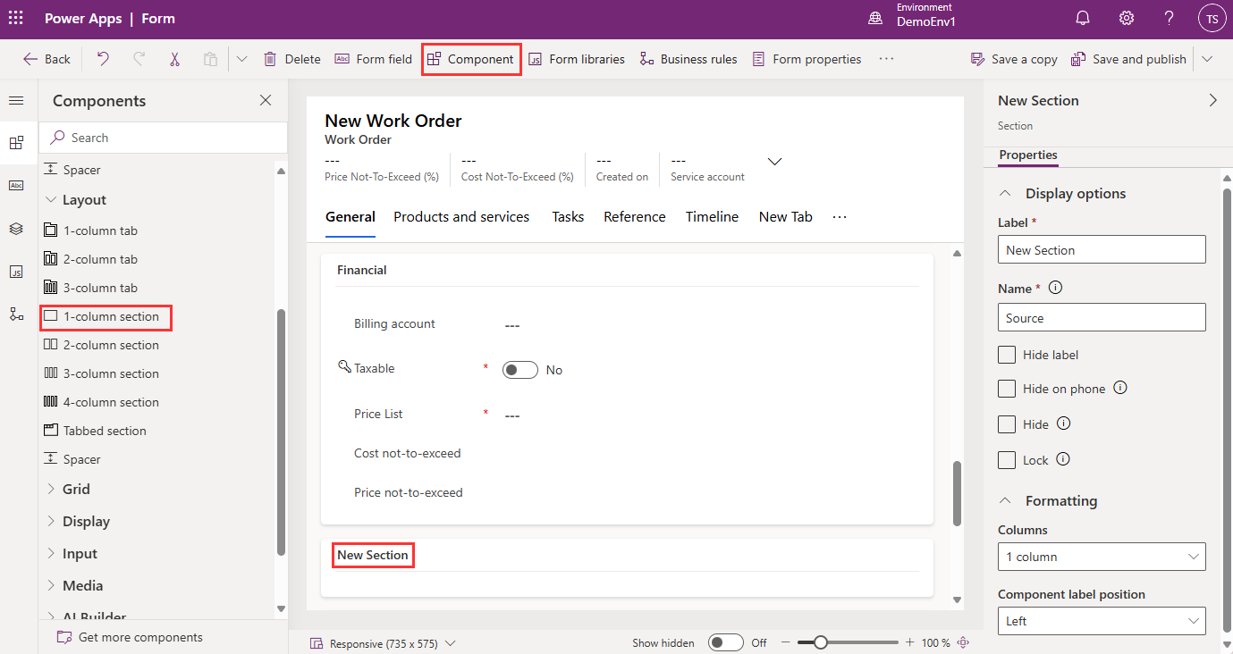 Screenshot of Power Apps work order form editor showing the new section.