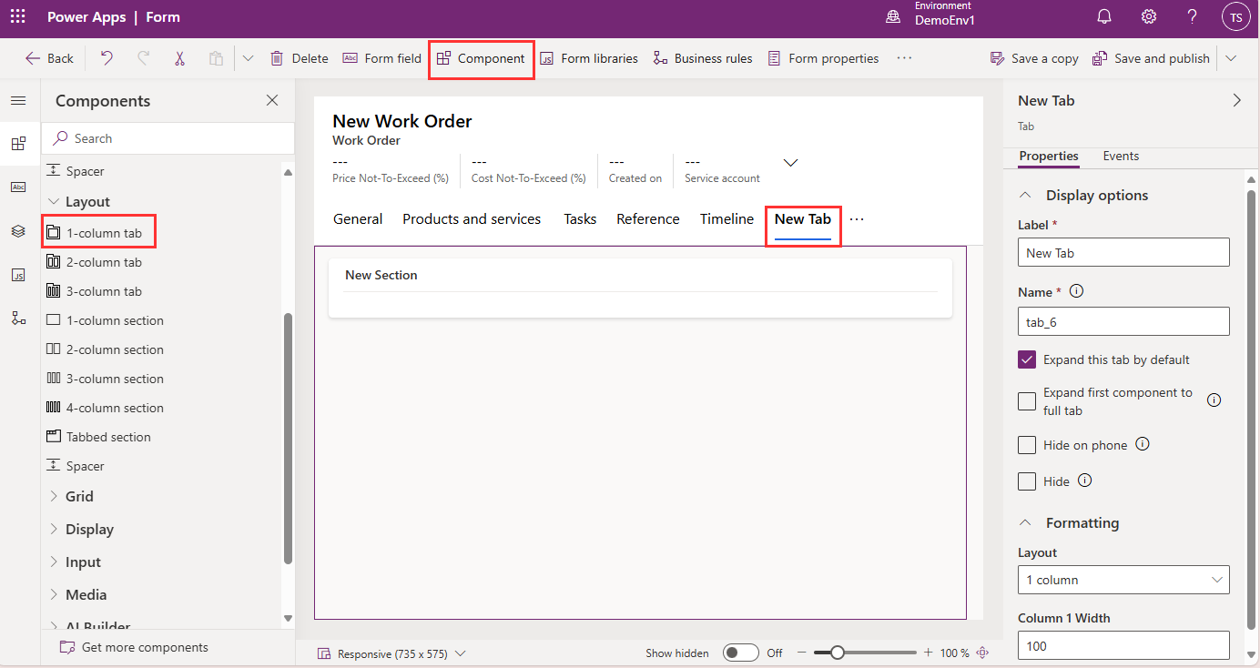 Screenshot of Power Apps showing a new tab on a work order.