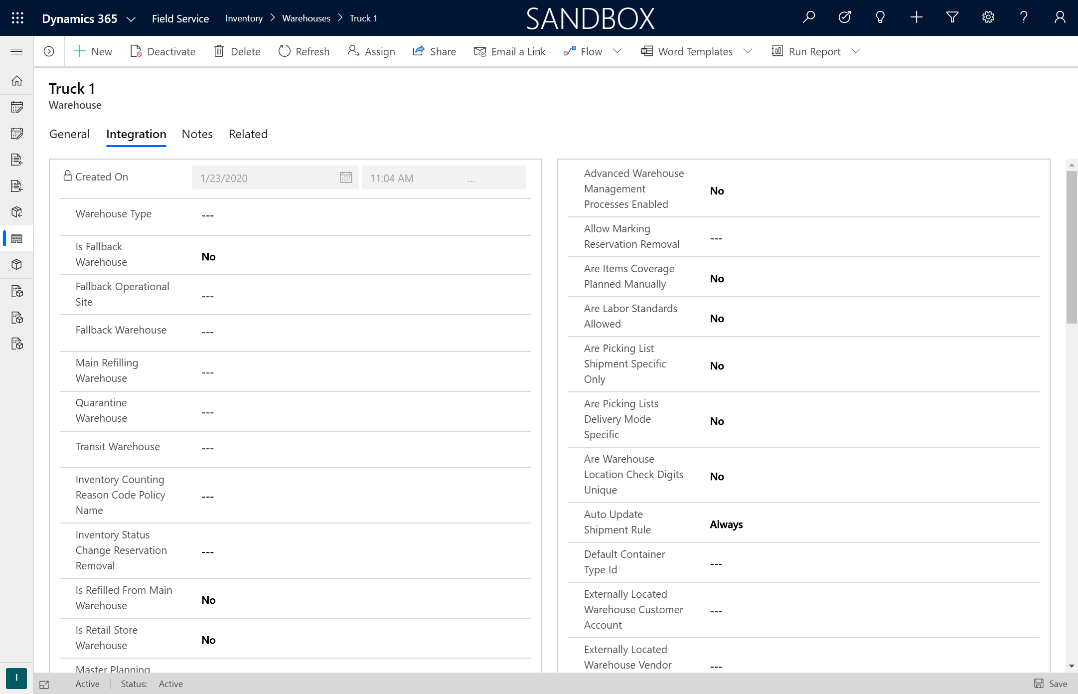 Screenshot of a warehouse, showing the integration section.