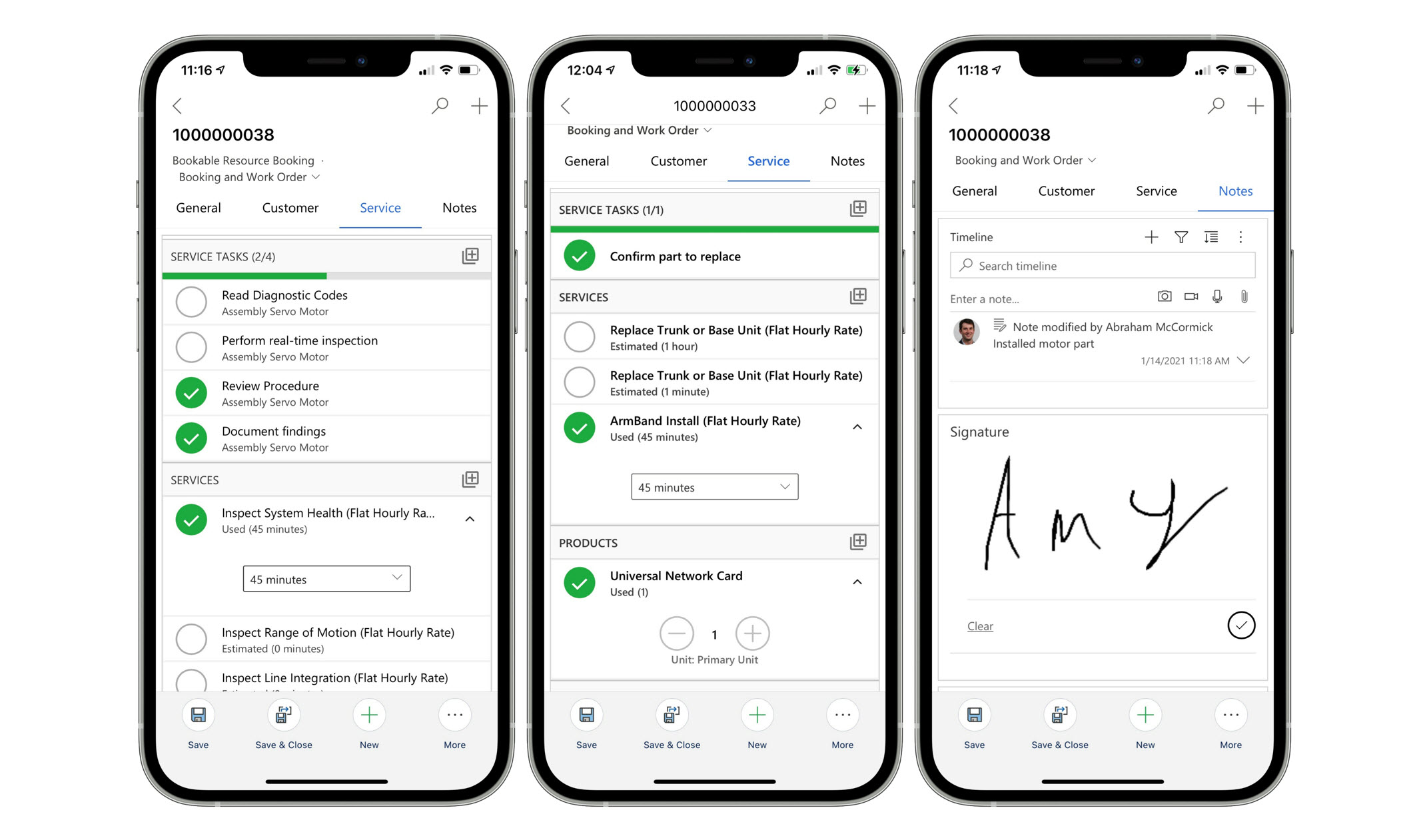 Renderings of three mobile devices showing service tasks, parts used, and the Notes screen in the Field Service mobile app.