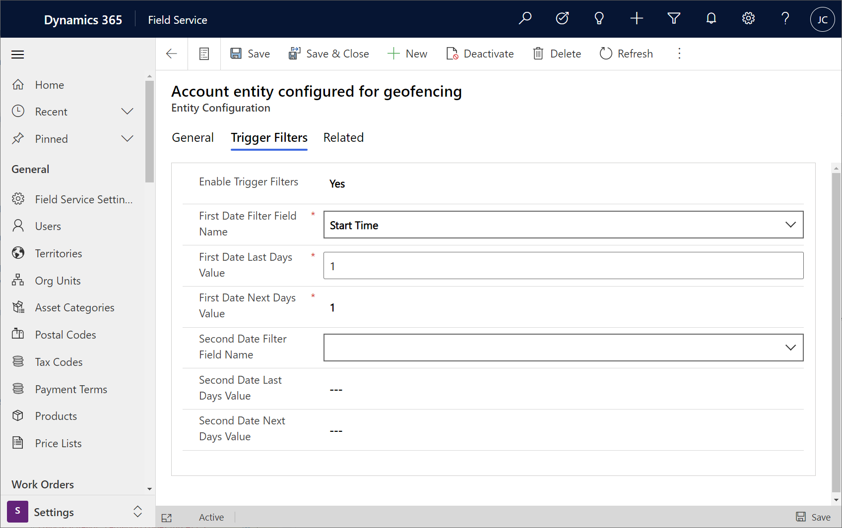 Example of configured geofence filters in Field Service.