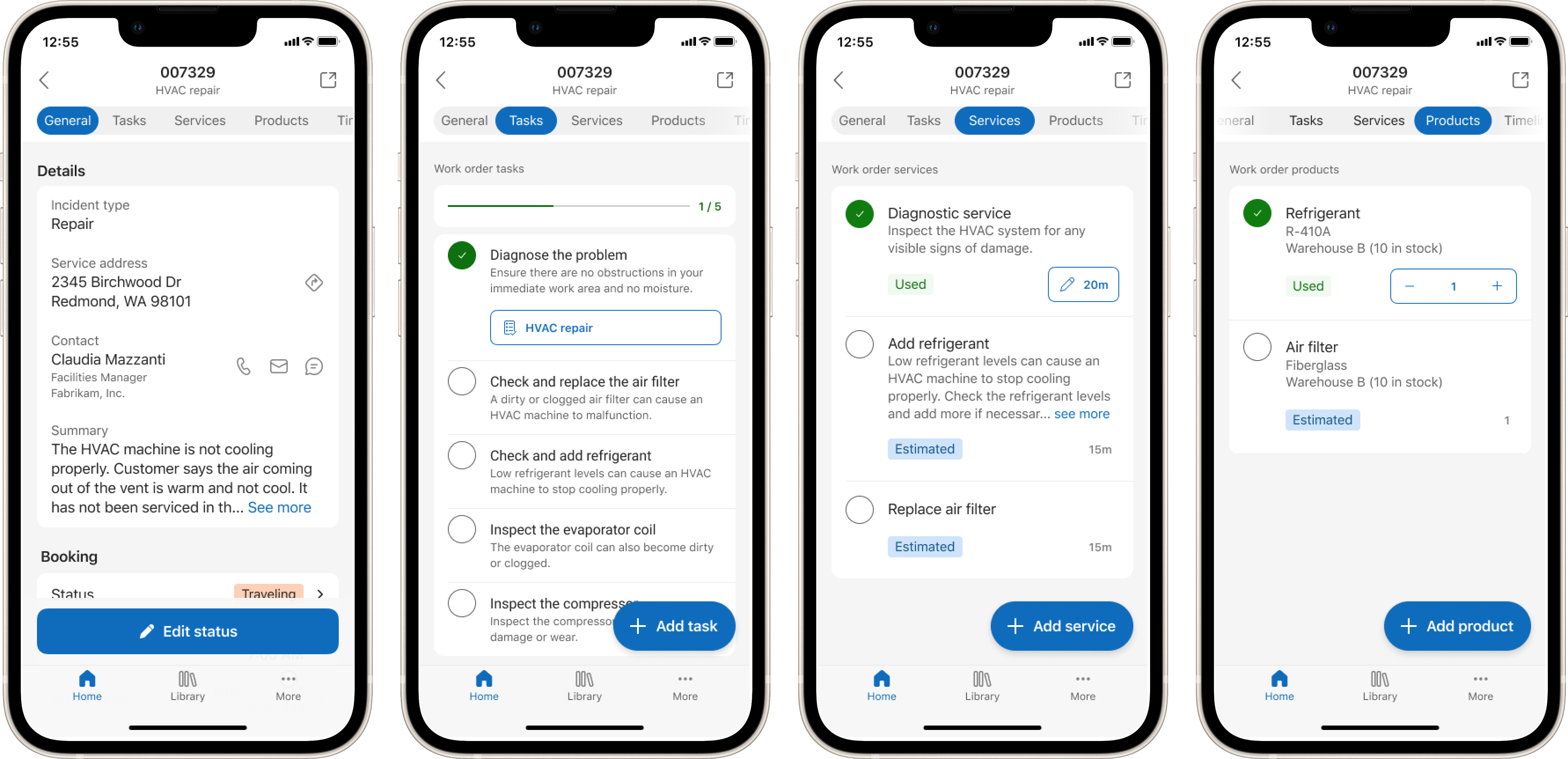 Renderings of four mobile devices showing the General, Tasks, Services, and Products screens in the Field Service mobile app.