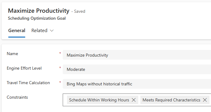 Screenshot of an optimization goal that has the Schedule Within Working Hours constraint.