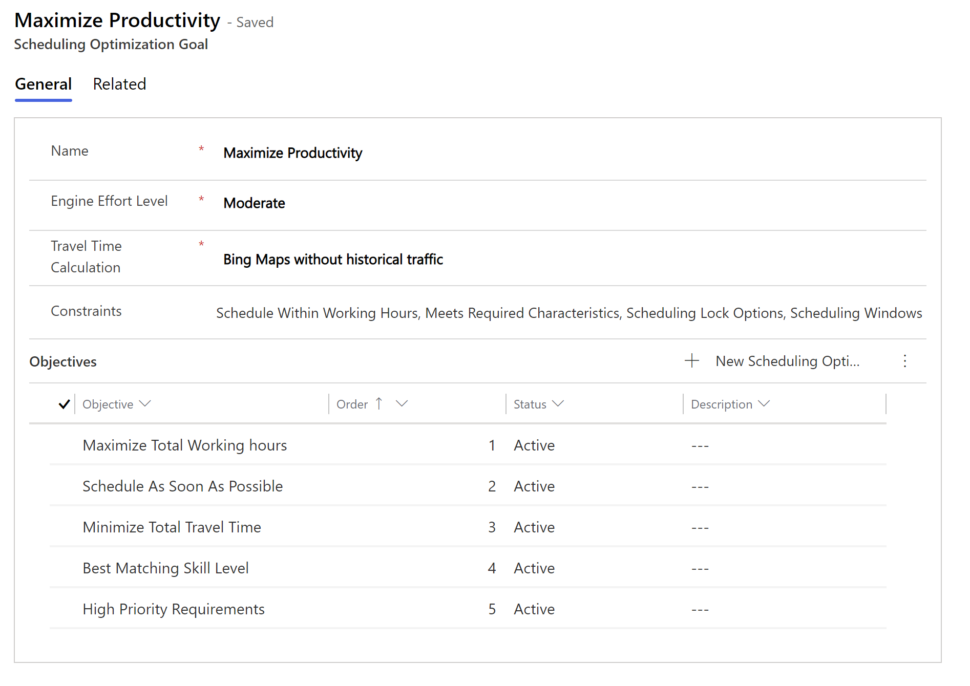 Screenshot of a Scheduling Optimization Goal record.