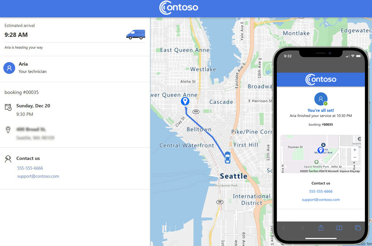 Branded service details portal, along with a device render showing technician location on a mobile phone.