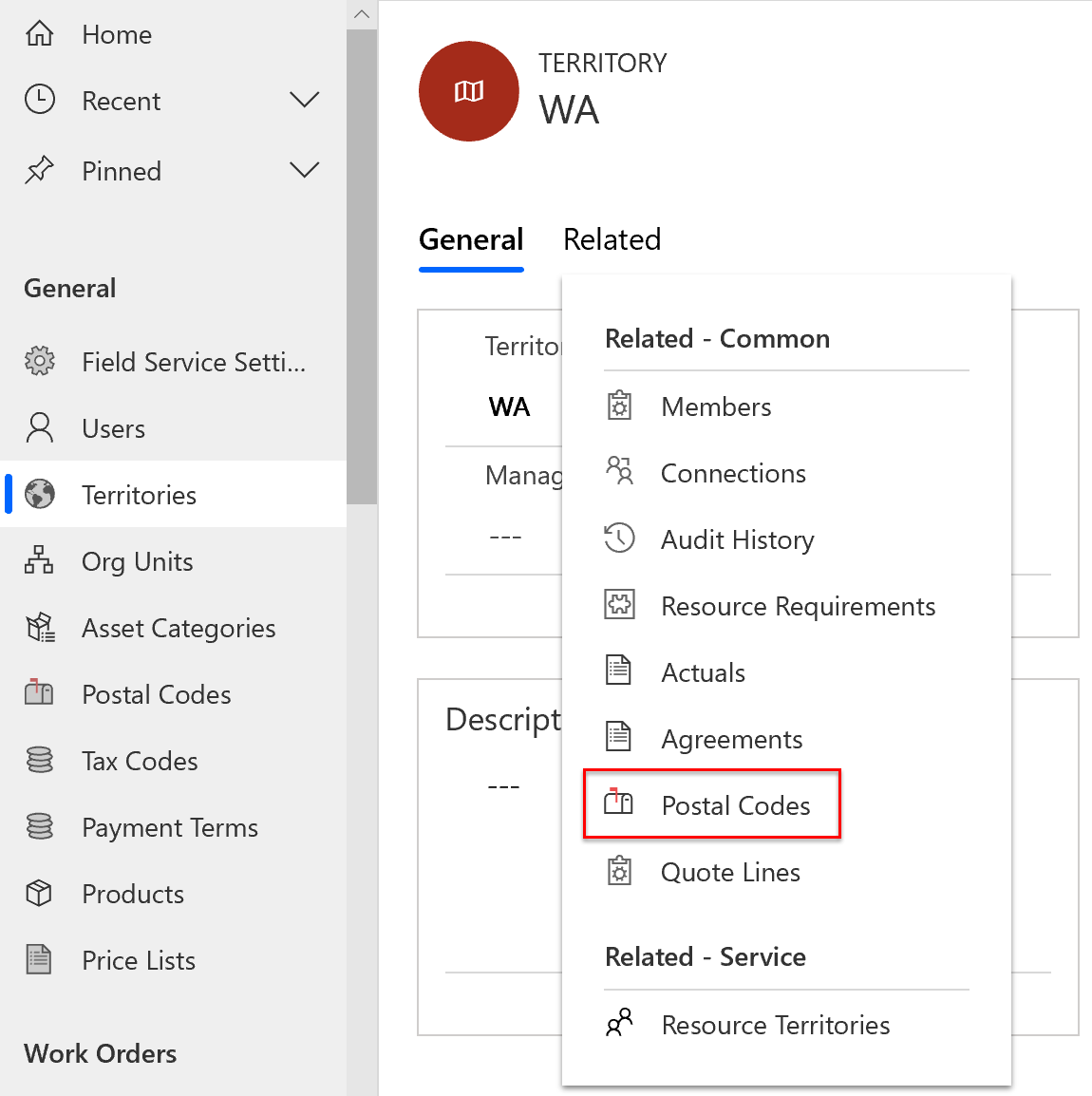 Screenshot of a territory entity showing postal codes under the related tab.