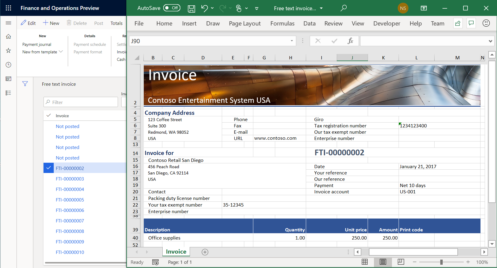 Free text invoice in Excel.