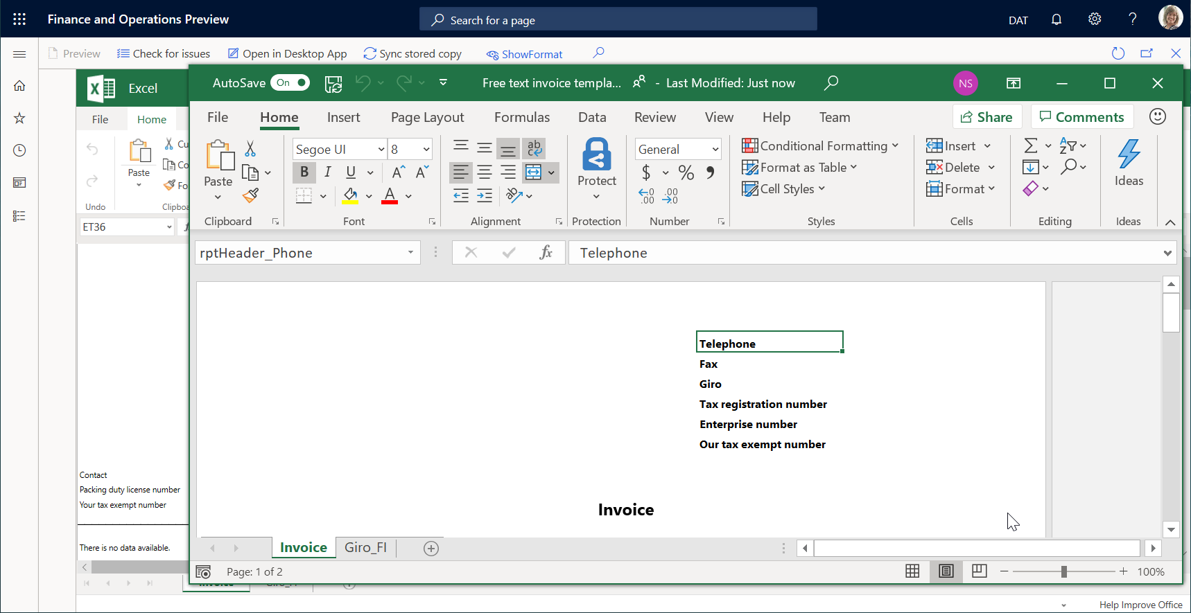 Template opened in desktop Excel application.