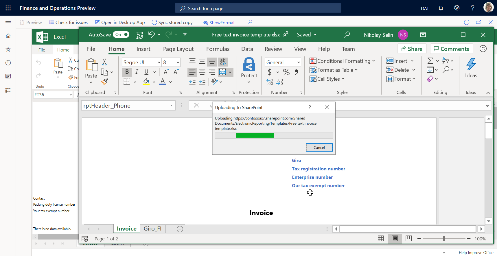 Save changes to the Business document management template editor page using the desktop Excel application.