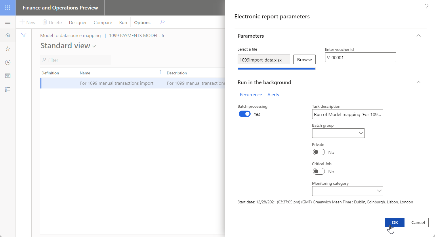 Specifying details of the data import in batch mode in the Electronic report parameters dialog box.