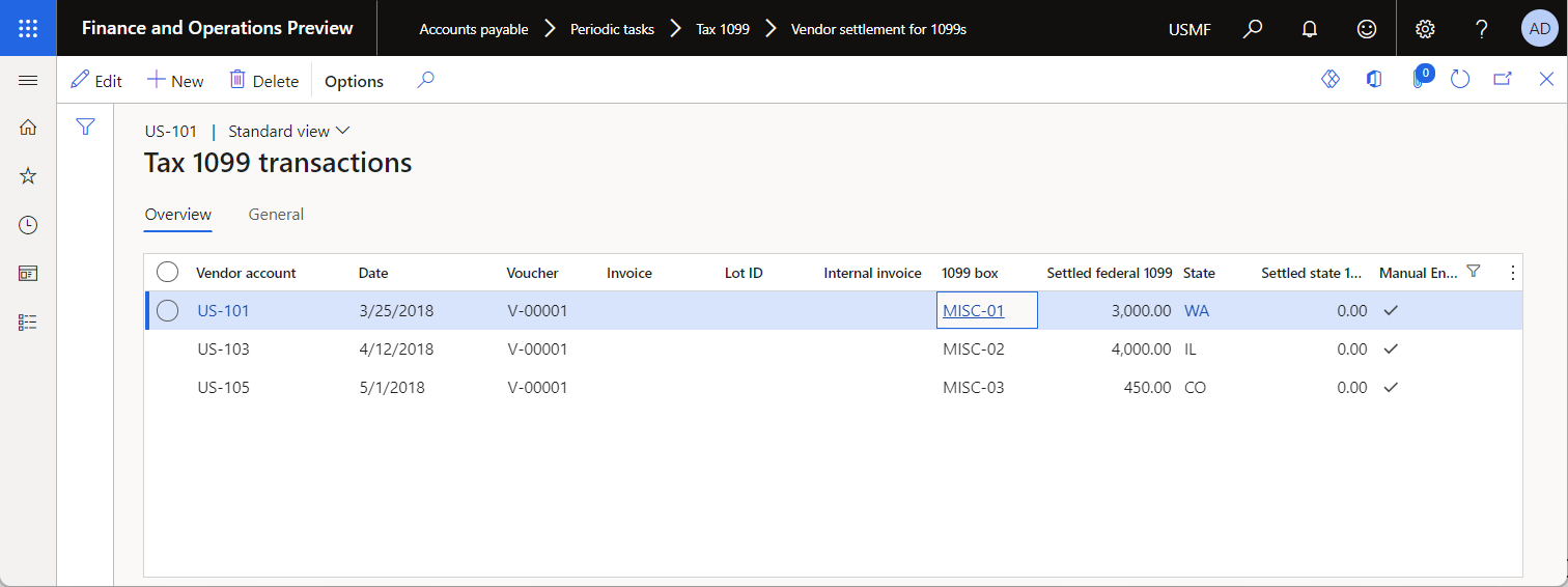 Imported vendor transactions on the Tax 1099 transactions page.