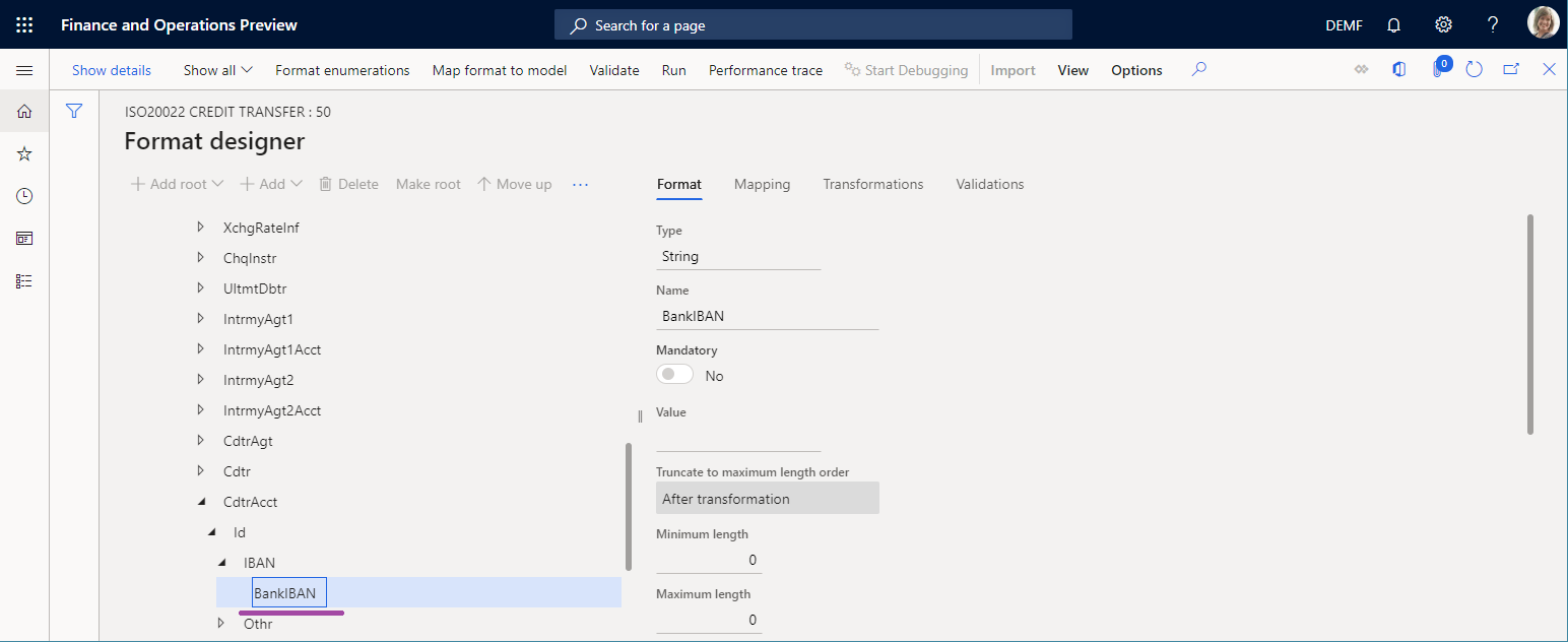 BankIBAN format element on the Format designer page.