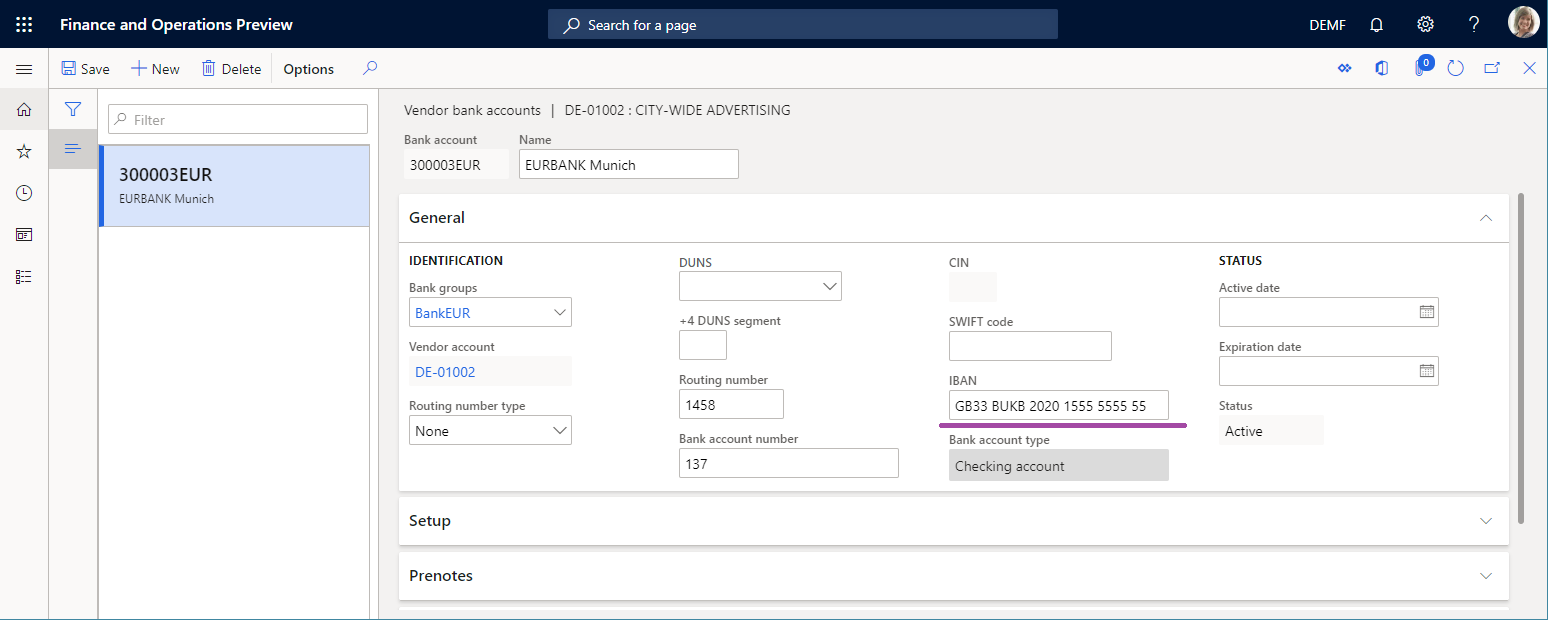 IBAN field set on the Vendor bank accounts page.