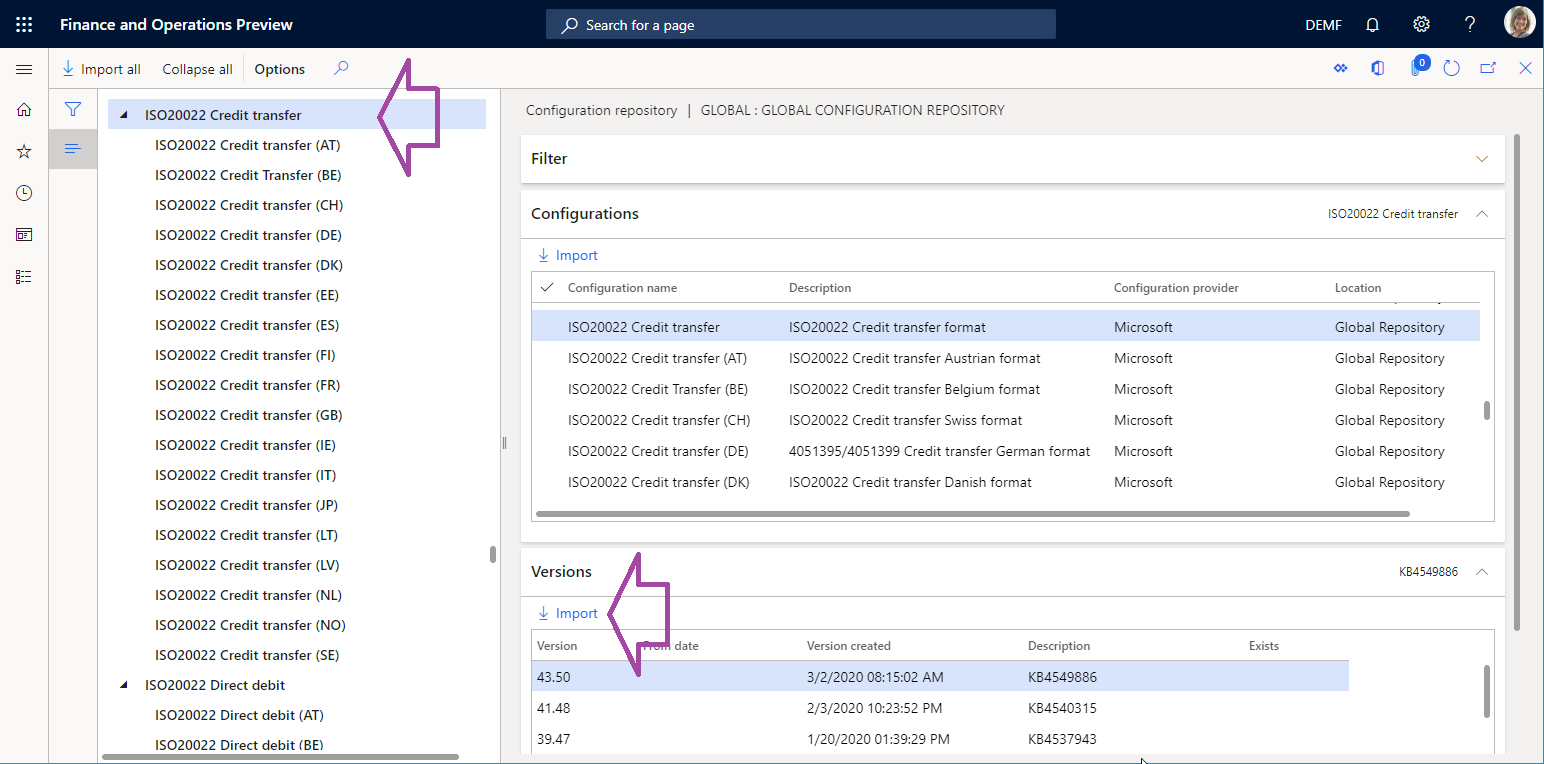 Importing the ER payment format on the Configuration repository page.