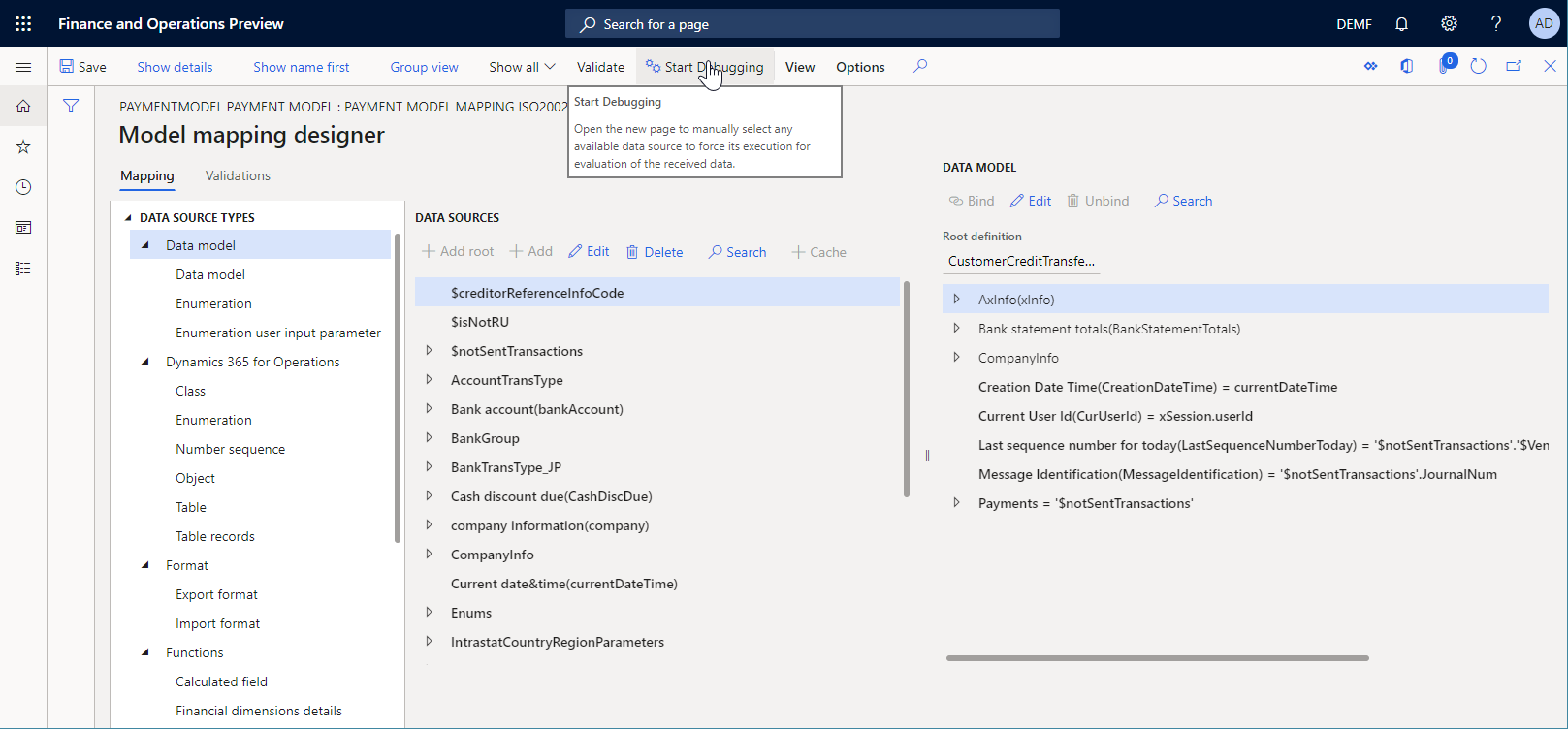 Start Debugging button the Model mapping designer page.