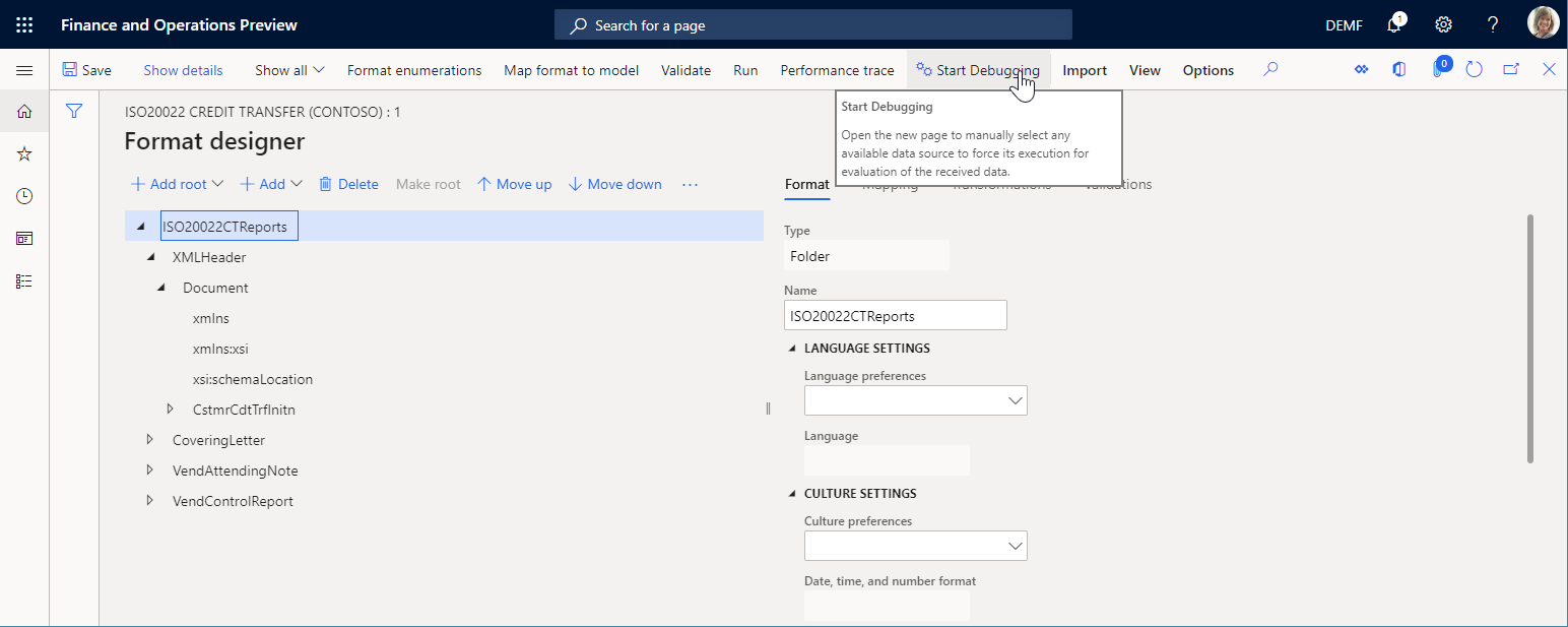 Start Debugging button on the Format designer page.