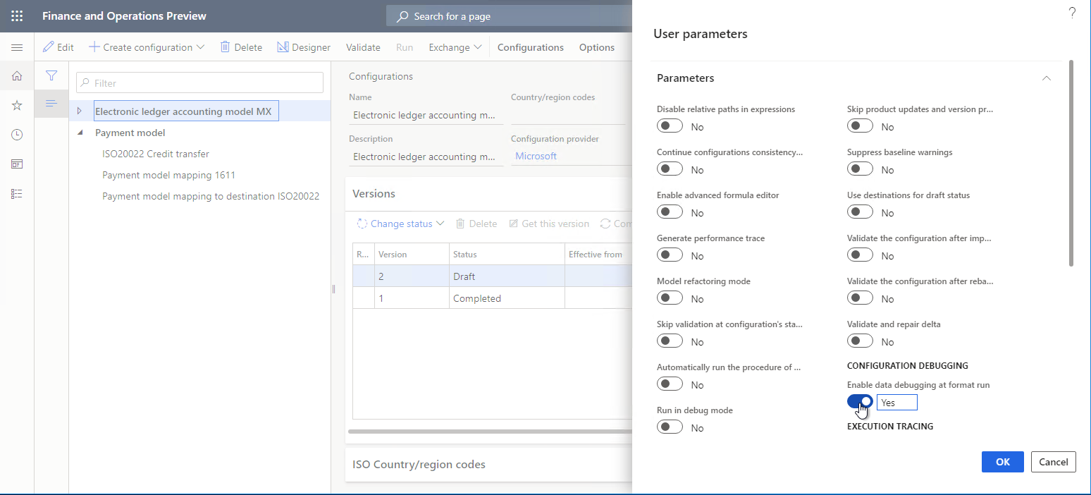 User parameters dialog box.