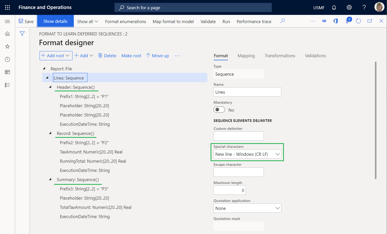 Lines sequence format element and nested elements on the Format designer page.