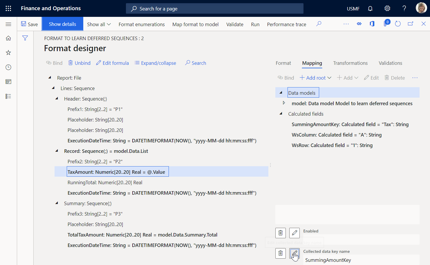 TaxAmount numeric element on the Format designer page.