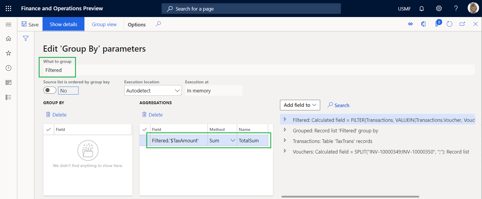 TotalSum aggregation field on the Edit 'GroupBy' parameters page.