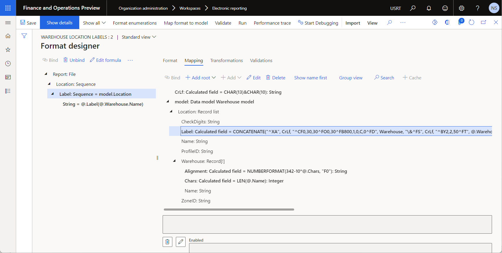 Structure of the ER format on the Format designer page.