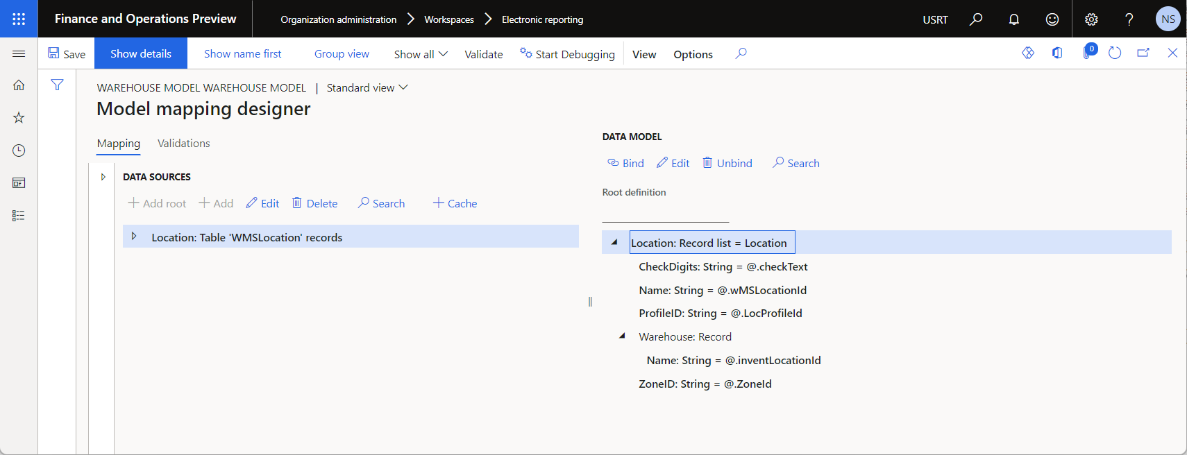 Structure of the ER model mapping on the Model mapping designer page.