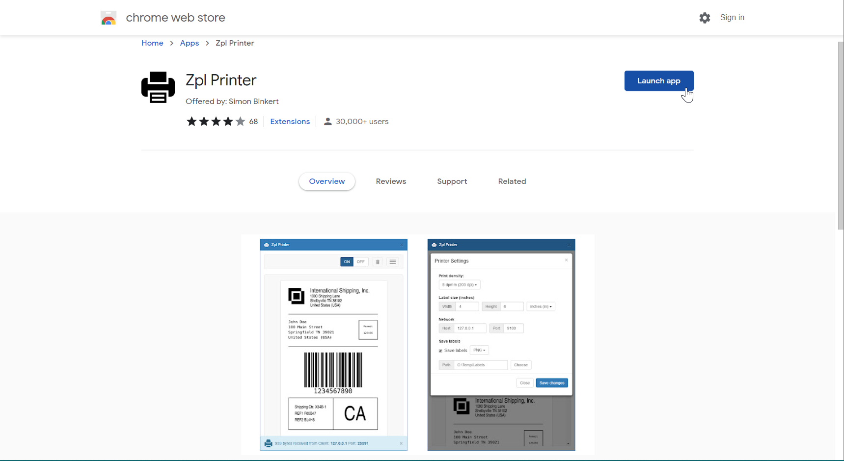 Running the printer emulator application from the Chrome web browser.