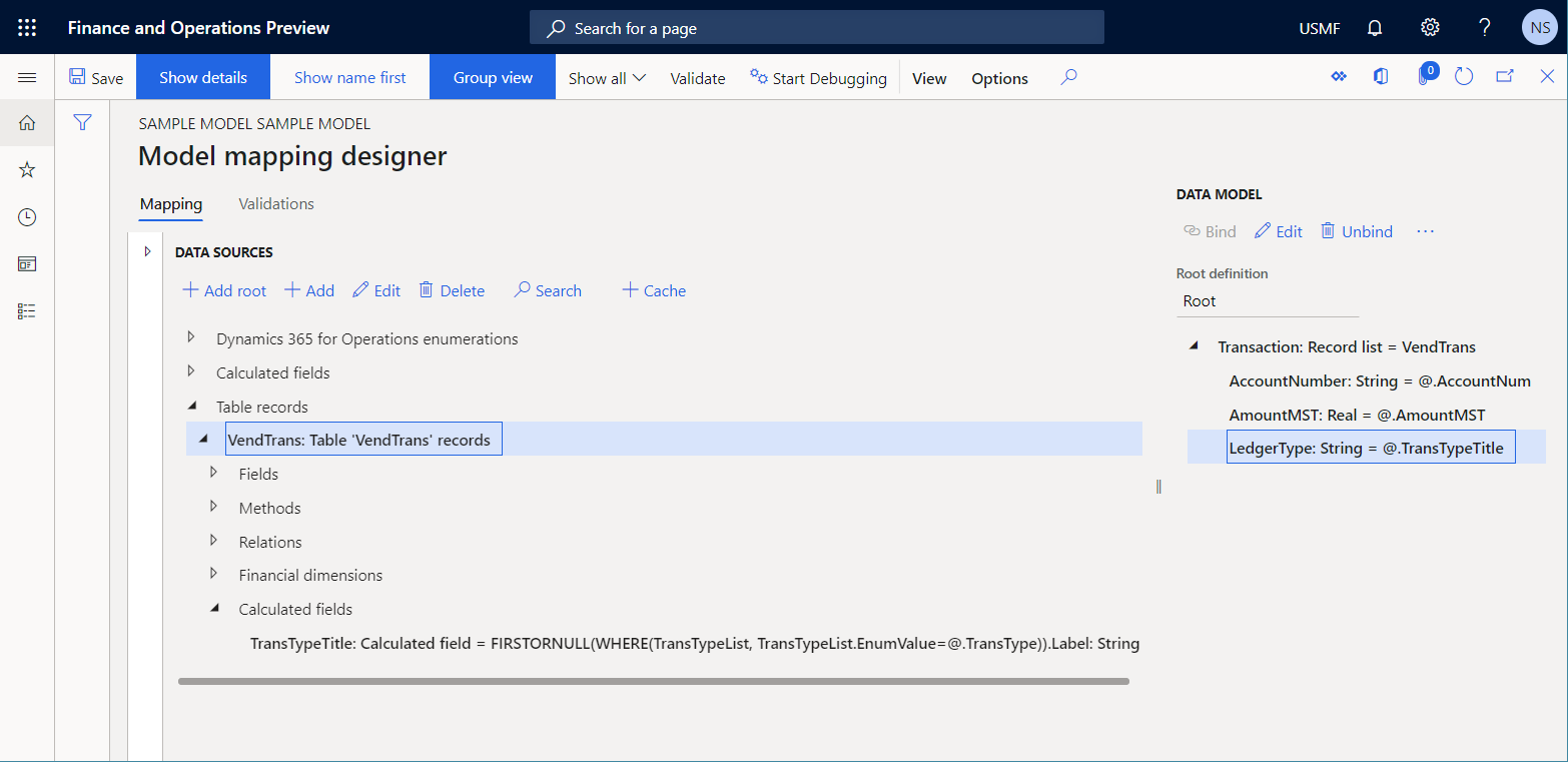 Data source of a model mapping that that returns vendor transactions.