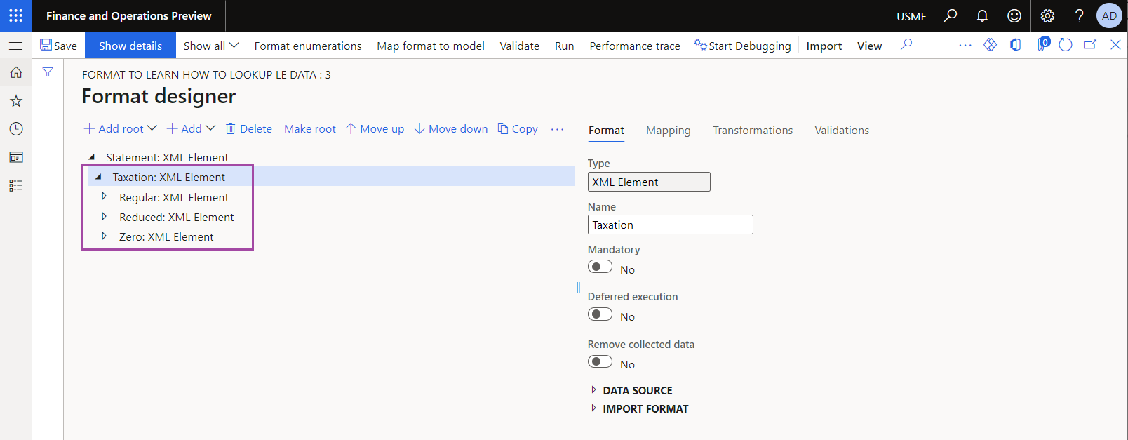 Showing the format sections to separately report different type of taxes.