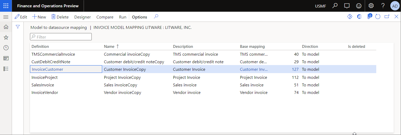 Reviewing the invoice model mappings on the Model to datasource mapping page.