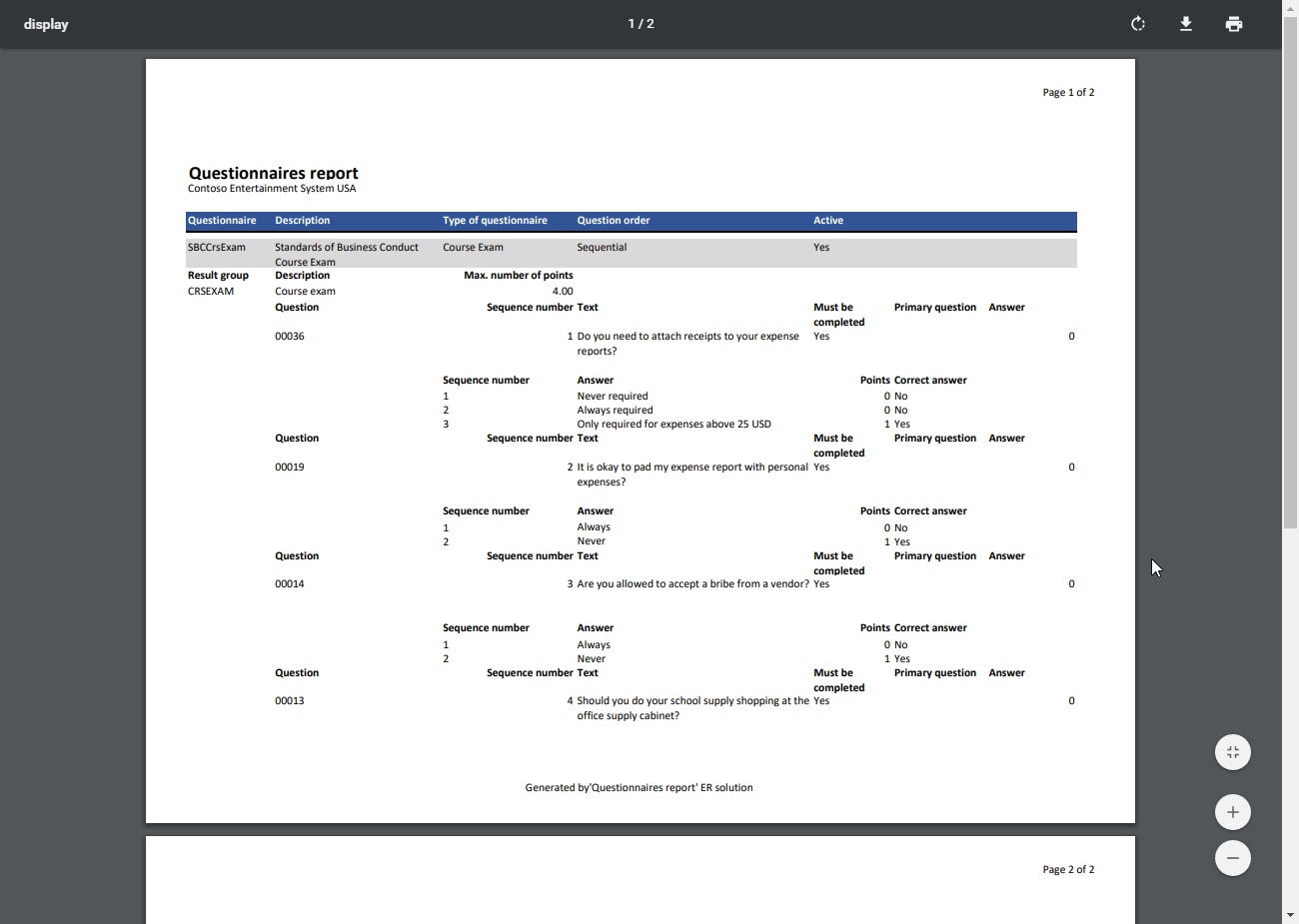 On-screen preview of the generated report in PDF format.