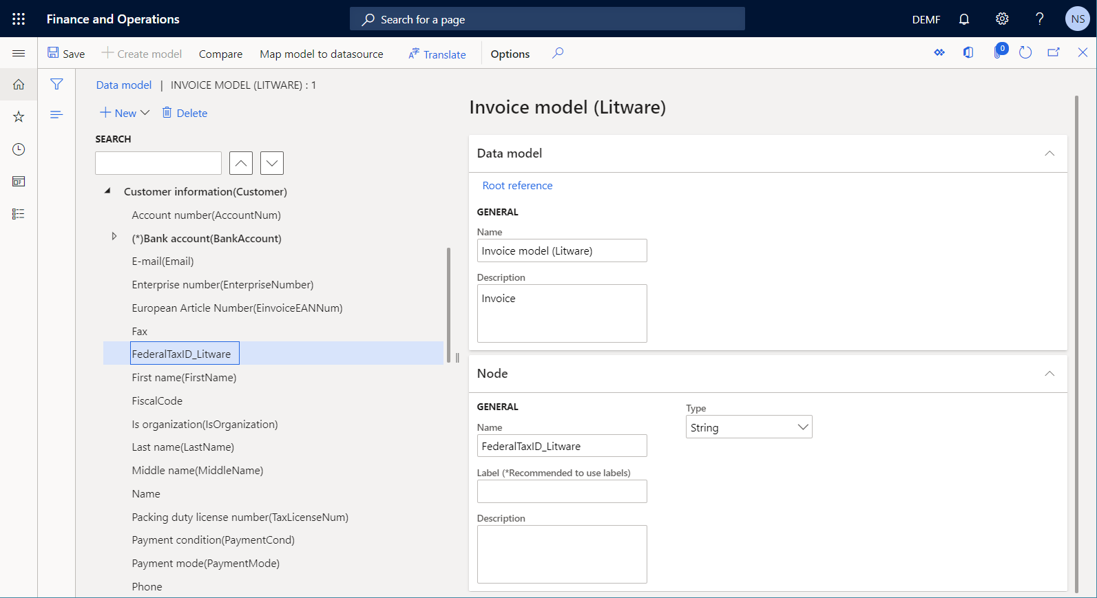 Data model designer page.