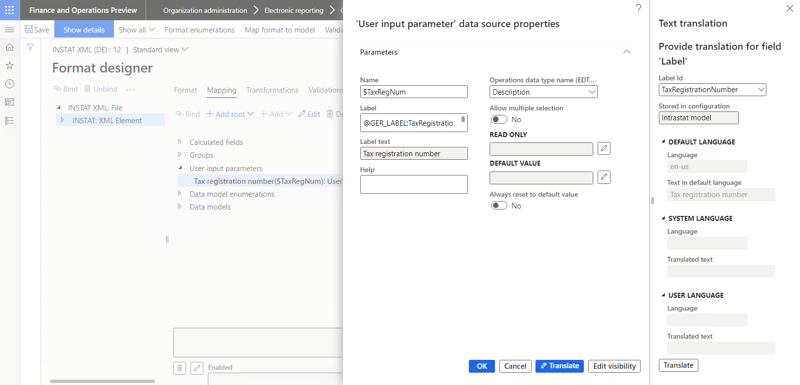 Properties of a data source of the USER INPUT PARAMETER type in the dialog box of the Format designer page.